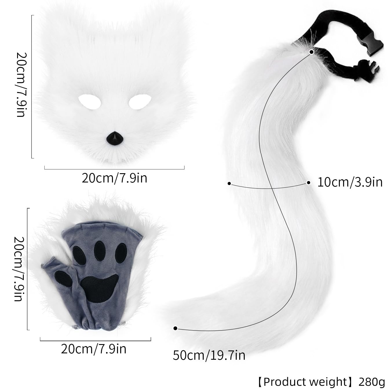 Liszdp Furry Fox Cat Mask Wolf Tail and Fingerless Faux Fur Paw Gloves Set for Women Halloween Costume Accessories