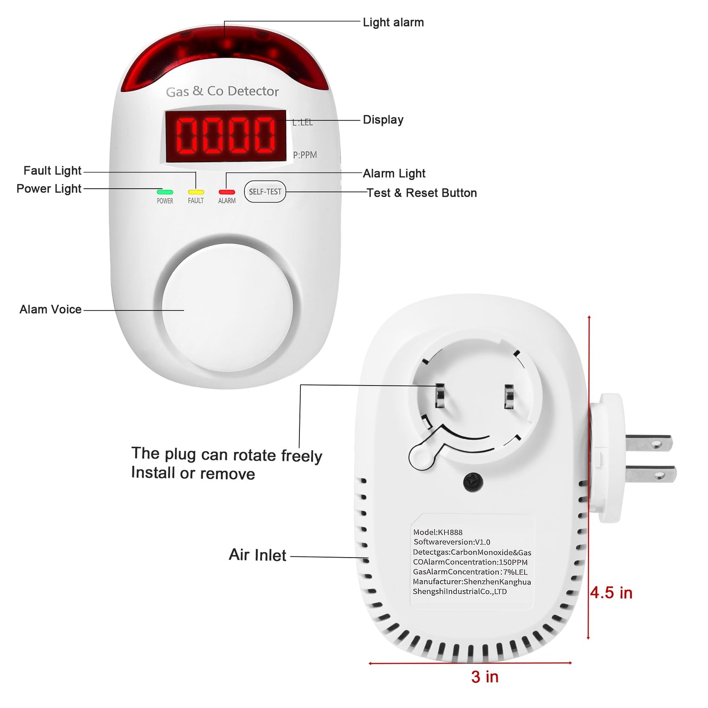 2 Packs Gas & Carbon Monoxide Detectors - Plug in Carbon Monoxide Detector & Propane, Natural Gas Detector, CO Monitor Alarm & Explosive Gas Detector Alarm for Home,RV
