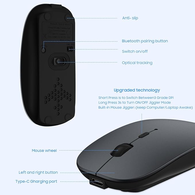 SUNGI Bluetooth Mouse,Wireless Slim Silent Mouse Jiggler Rechargable Mouse for iPad/MacBook/Tablet/PC/iPhone/Cellphone,Gray