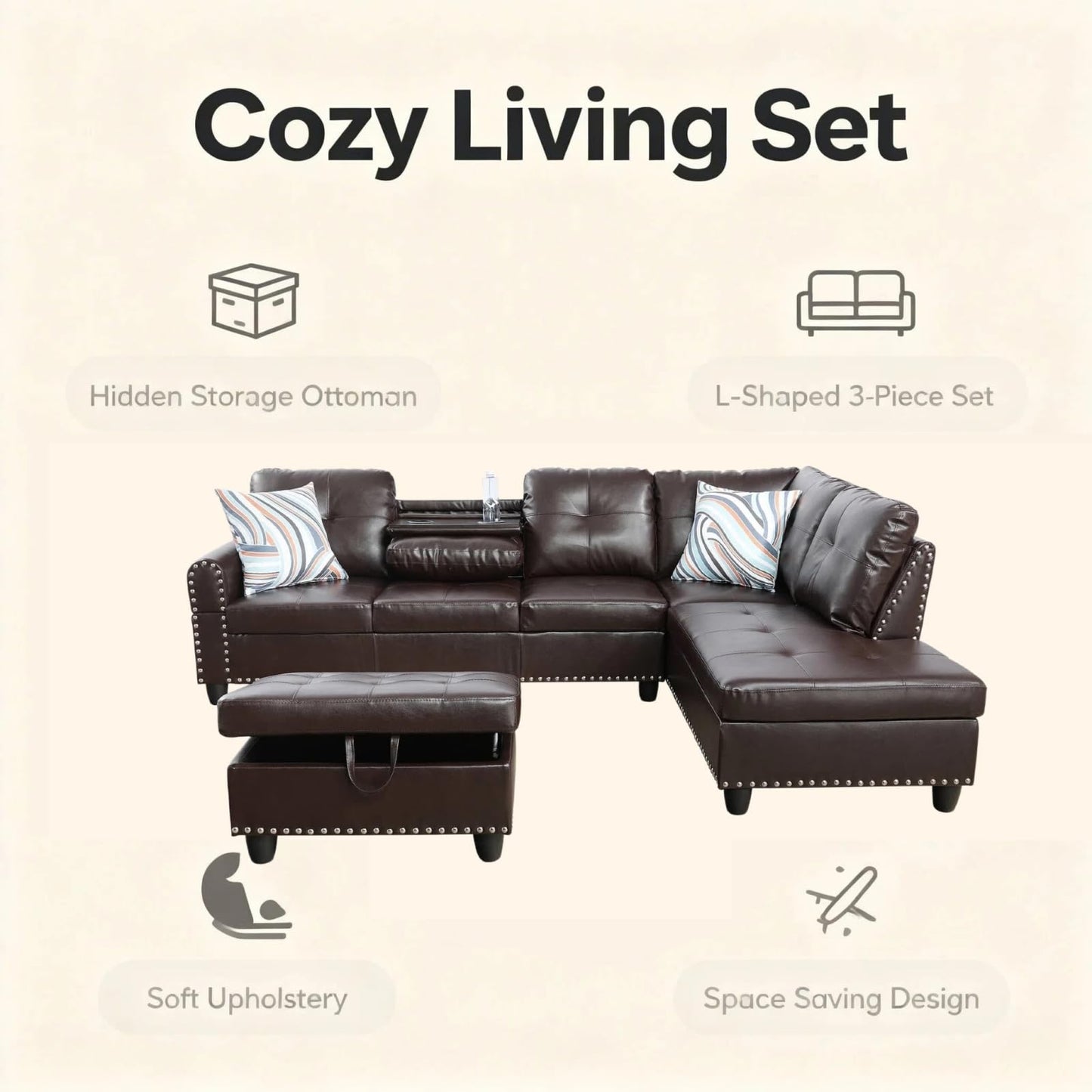 Trygoal 97.5 inch L-Shape Sofa with Storage Ottoman & Reversible Coffee Table, Leather Sectional Couch with Right Chaise, Modern 3-Piece Sofa Set, Upholstered Couch Set with Solid Wood Frame, Brown