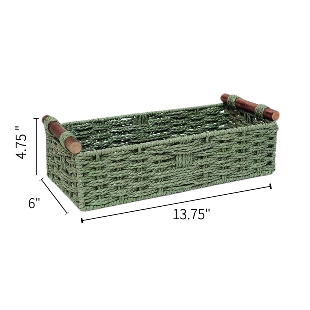 Rattanzenith Green Paper Rope Storage Basket with Wooden Handle – Handwoven Wicker Organizer Bin for Bathroom Toilet Tank Countertop Small Decorative Storage for Toilet Paper Cosmetics