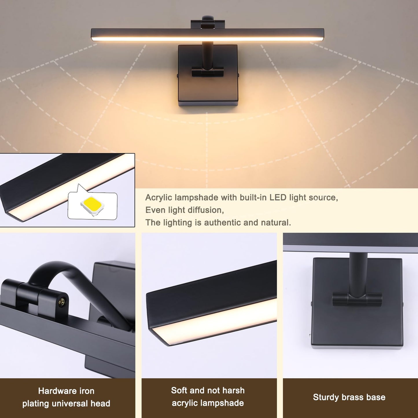 Black 15.7 Inch LED Dimmable Lights For Pictures On Wall Hard Wired Gallery Light Modern Artwork Wall Lamps, Warm White Picture Lights with Single Swing Arm Art Display Light For Paintings Portrait
