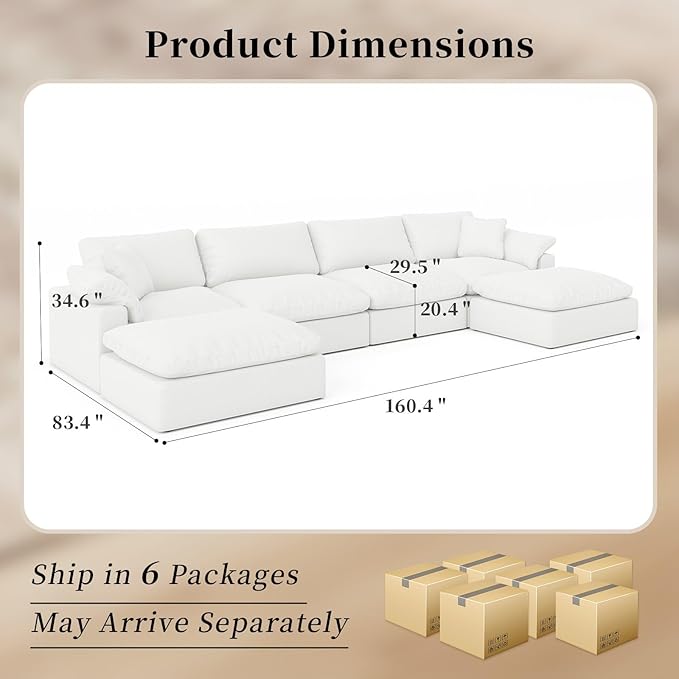 Intuition Decor Modular Sectional Sofa Cloud Couch,Down Filled Comfy Cloud Modern Sofa,White Linen U Shape 6 Seater Oversized Couch Cushion Covers Removable for Living Room