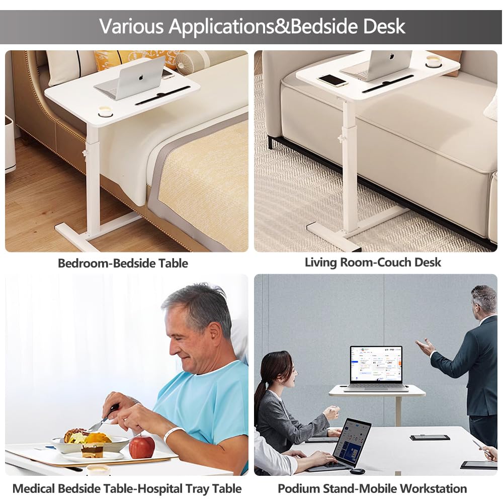 BeGyoku Overbed Table,Over The Bed Table with Hidden Wheels&Cup Holder,Adjustable Bedside Table and Rolling Table Tray&Laptop Cart,Hospital Table Over Bed for Home Use-White