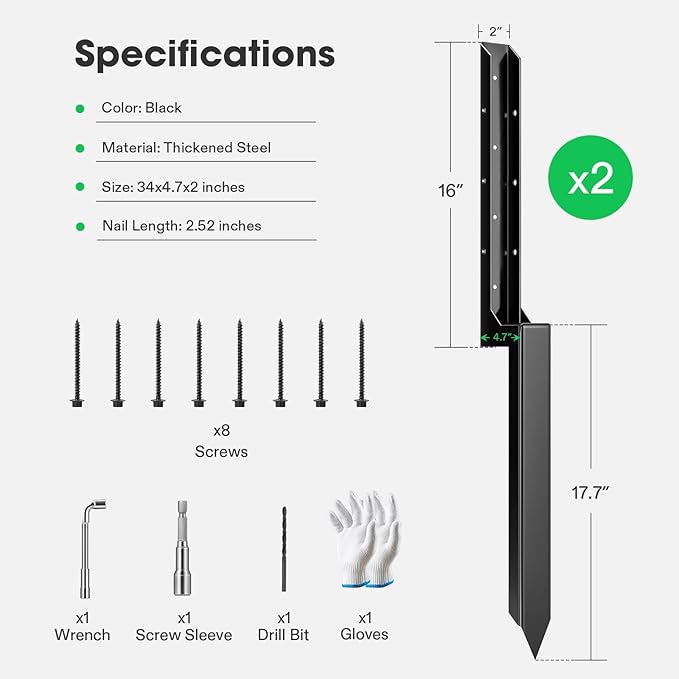 VIVOSUN Fence Post Repair Kit, Heavy-Duty Ground Spike with Gloves for Repairing Tilted or Broken Wood Posts (2 Pack, Black)