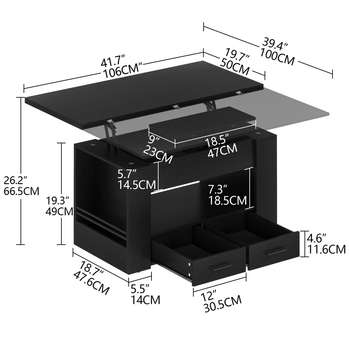 Lift Top Coffee Table, 4 in 1 Multi-Function Coffee Table with Storage Shelf and Hidden Compartment, Center Table with Large Drawers, Converts to Dining Table for Living Room, Home Office (Black)