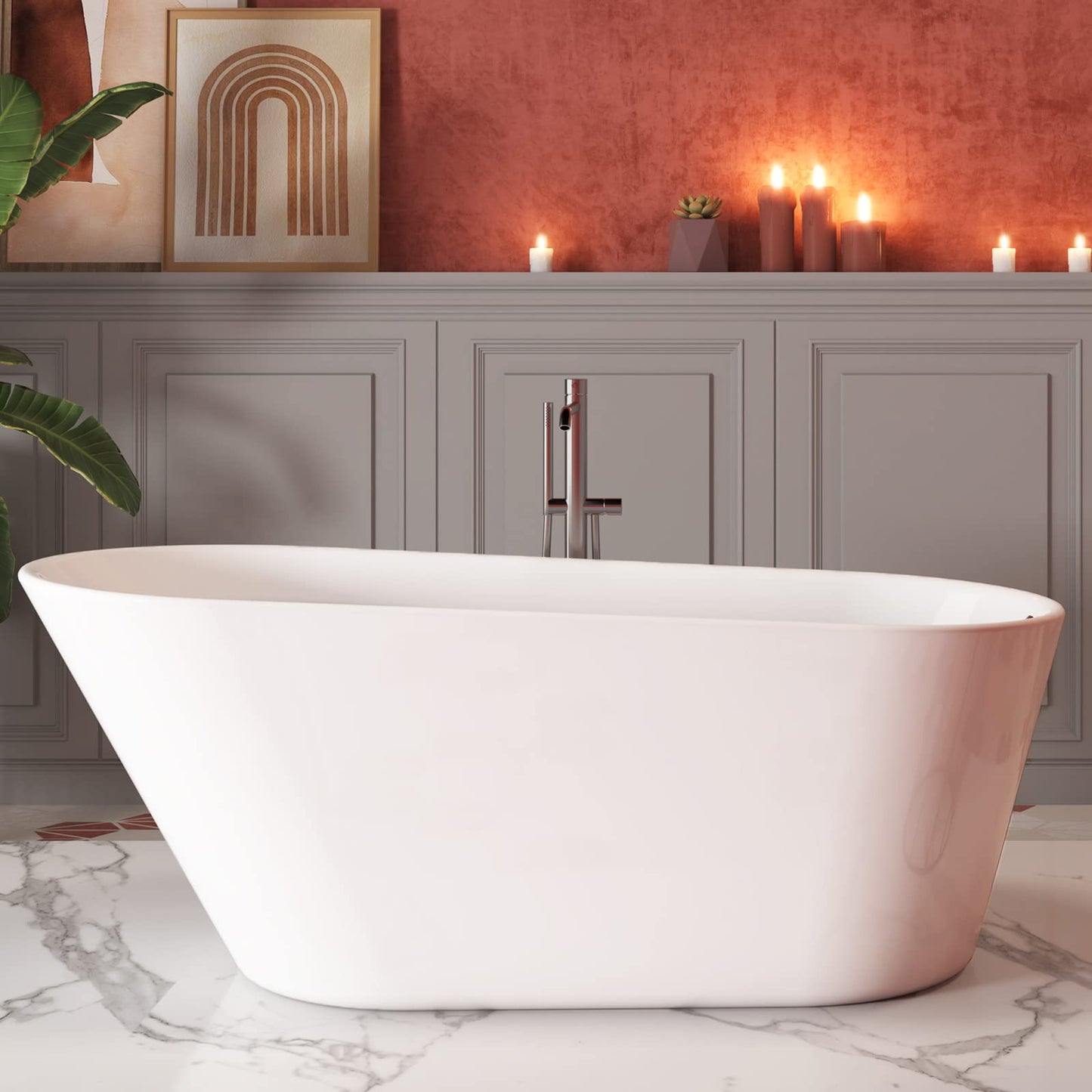 Mokleba 61" Acrylic Freestanding Bathtub, Single Slipper Free Standing Tub, Soaking Tub with Integrated Slotted Overflow, Toe-Tap Chrome Drain, cUPC Certified, Glossy White