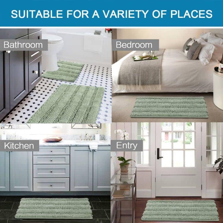 H.VERSAILTEX Bathroom Rugs Bath Rug Set 2 Piece Bathroom Contour Rug Toilet Mat Sets Non Slip Contour Bath Rug Ultra Thick Water Absorbent Striped Bath Mats Washable(36" x 24" Plus 20" x 24" U, Sage)
