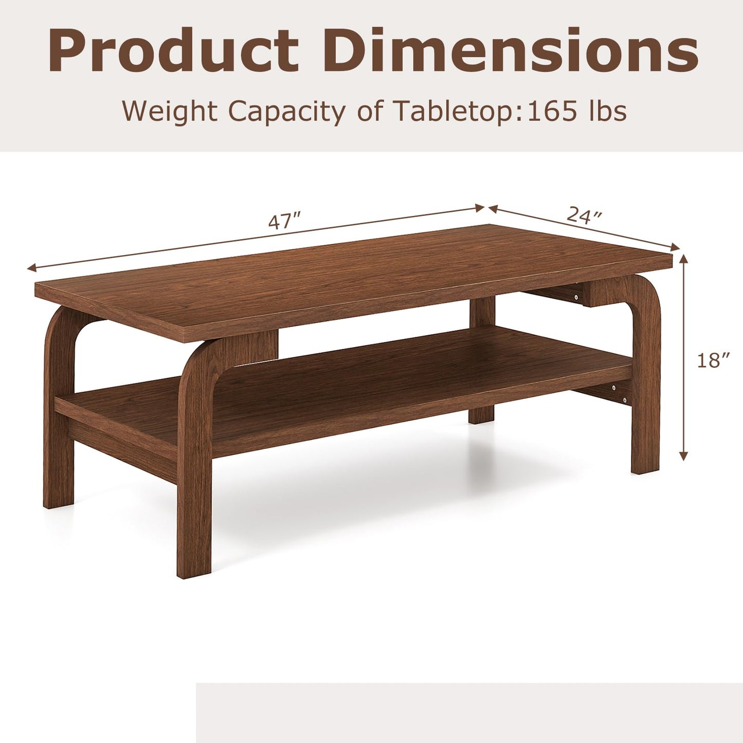 Giantex Mid Century Modern Coffee Table, 47" 2-Tier Center Table with Storage Shelf, Rectangular Vintage Cocktail Table w/Curved Legs & Large Tabletop, Wood Living Room Tables for Apartment, Walnut