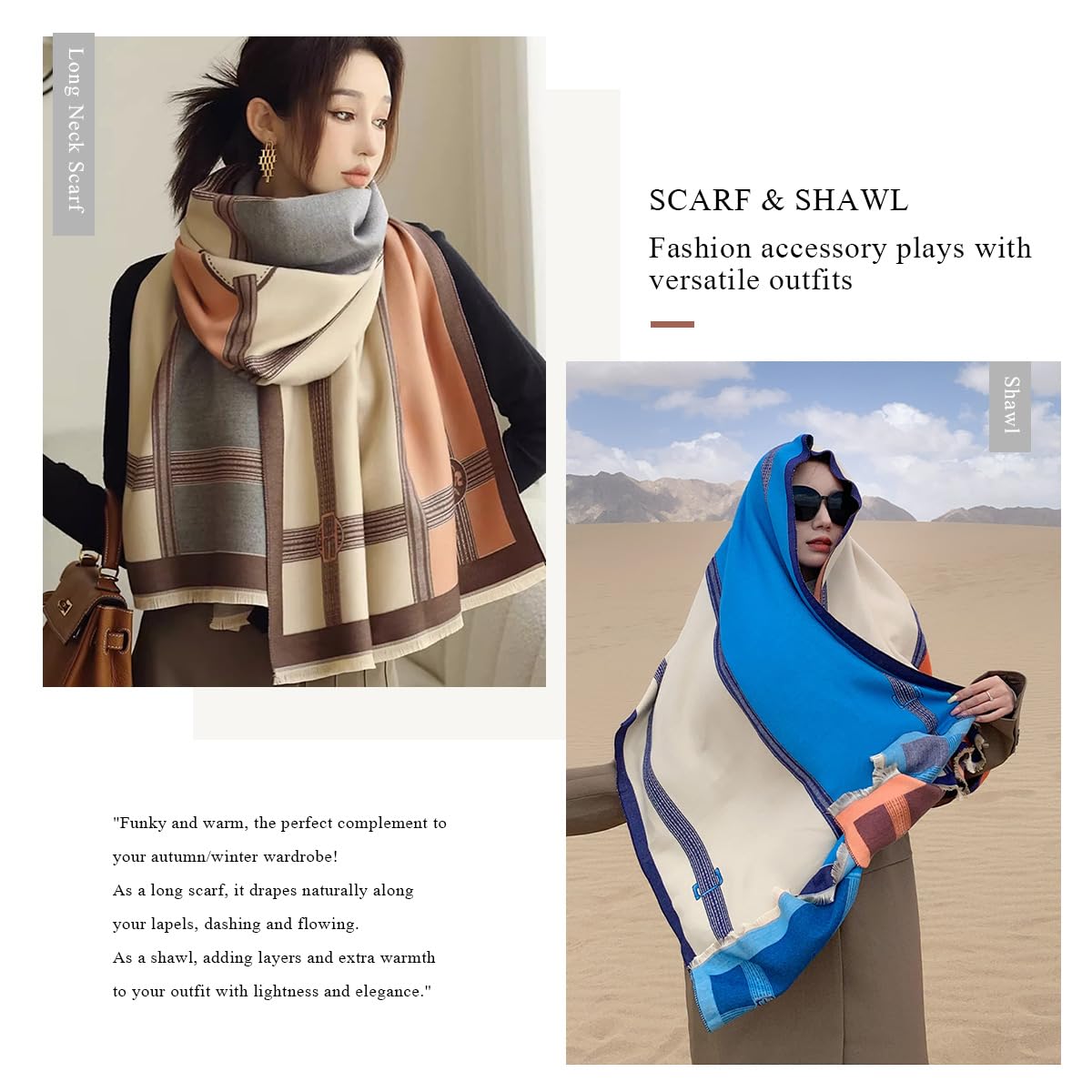 LumiSyne Winter Scarf Cashmere Shawl Women Color Blocked Horse Pattern Reversible Scarf With Tassel Pashmina Shawls And Wraps