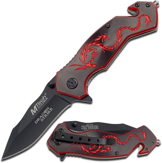 MTECH USA – Manual Folding Knife – Black Blade, Dragon Strike, Black Aluminum Handle w/Red CNC Dragon, Glass Punch, Rope C...