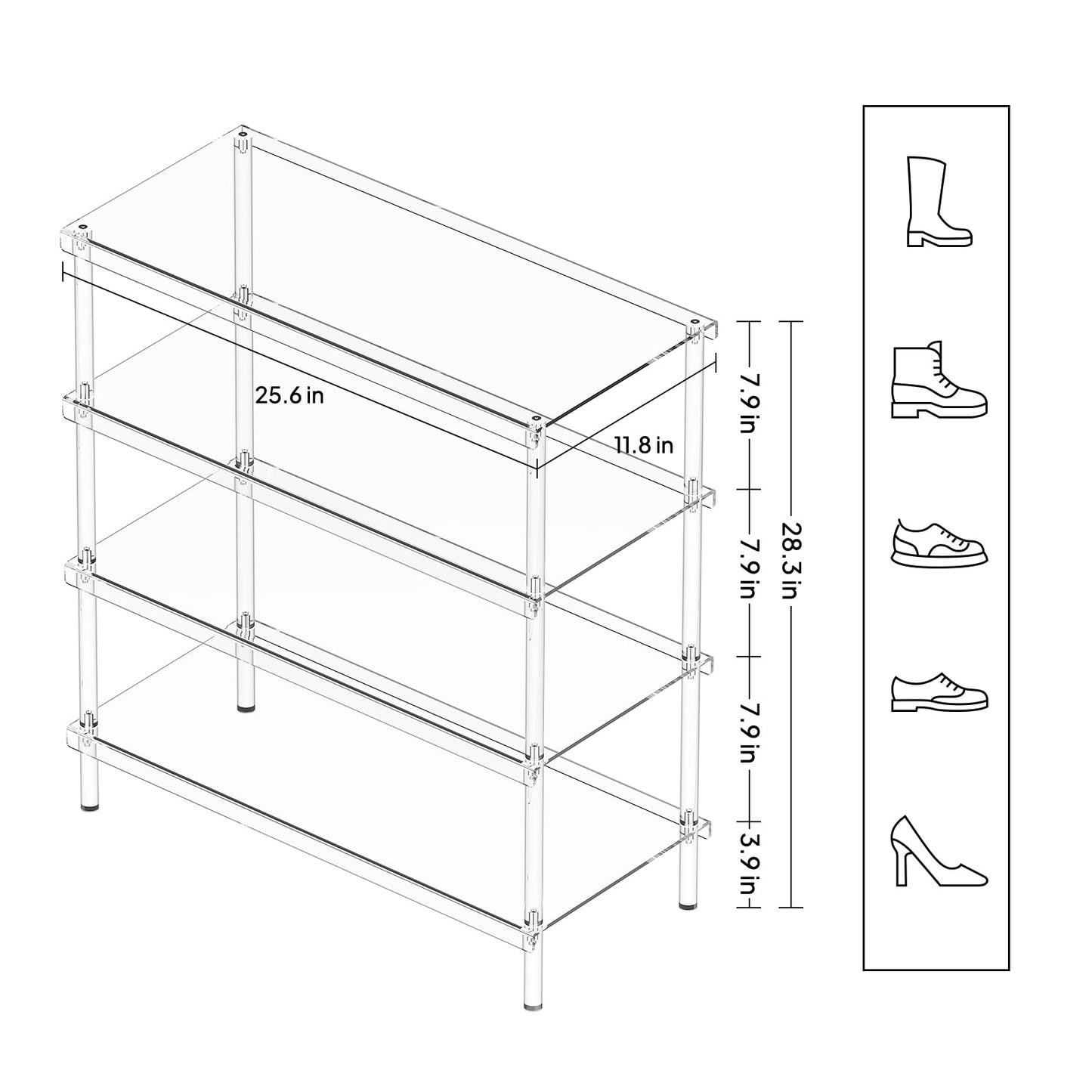 Aquiver 4-Tier Acrylic Shoe Rack - Shoe Rack Organizer - Modern Shoe Storage Shelf, Holds 12-16 Pairs of Shoes for Entryway, Closet - 25.6'' L x 11.8'' W x 28.3'' H, Clear, Easy Assembly & Clean