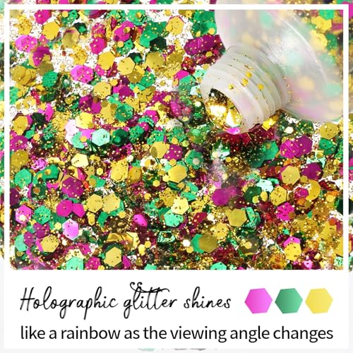 DAGEDA Mardi Gras Body Glitter Gel, Green Gold Purple Face Hair Glitter Carnival Accessories, Chunky Glitters for Mardi Gr...
