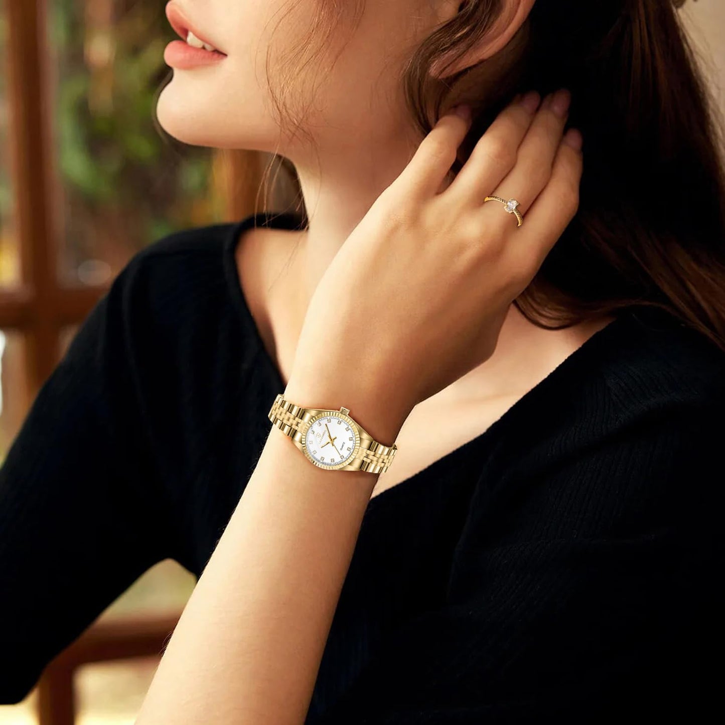 Timever Gold Womens Watch Set, 18K Gold Plated Bangle Bracelets Ring for Women, Dainty Ladies Wrist Waterproof Analog Watch with Luminous, Valentine Anniversary Birthday Gifts for Women