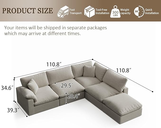 Forest aesthetics Modular Sectional Sofa, 4 Seater Cloud Couch,Down Filled Comfy Cloud Modern Sofa,Light Beige Linen Oversized Couch Cushion Covers Removable for Living Room