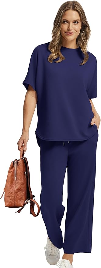 Sampeel Two Piece Sets for Women Summer Outfits Oversized Wide Leg Crop Pants Lounge Sets Airport Beach Vacation Clothes