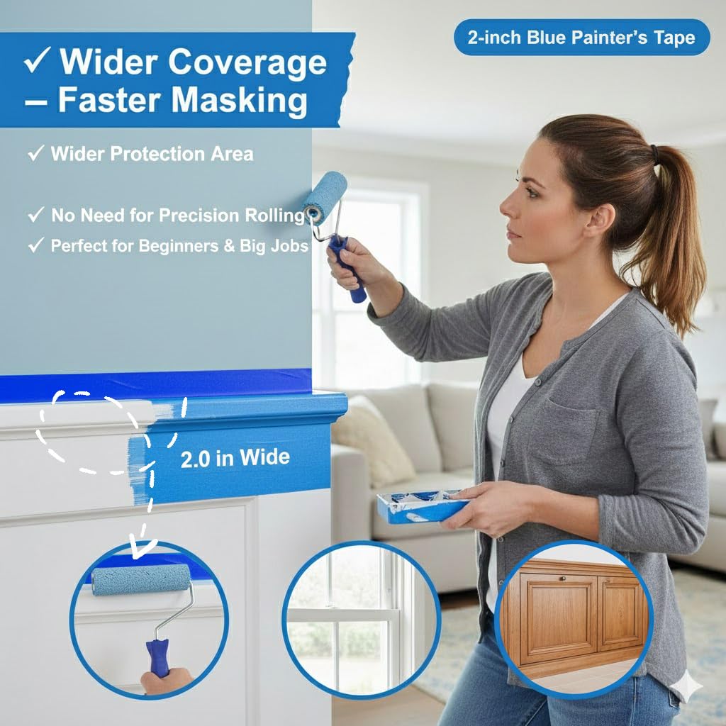 SWRT Blue Painters Tape 2 Inch Wide – 12 Rolls x 55 Yards (660 Total Yards), Clean Removal Masking Tape for Sharp Paint Lines on Walls, Trim & Baseboards, Easy Tear for DIY & Home Renovation Projects