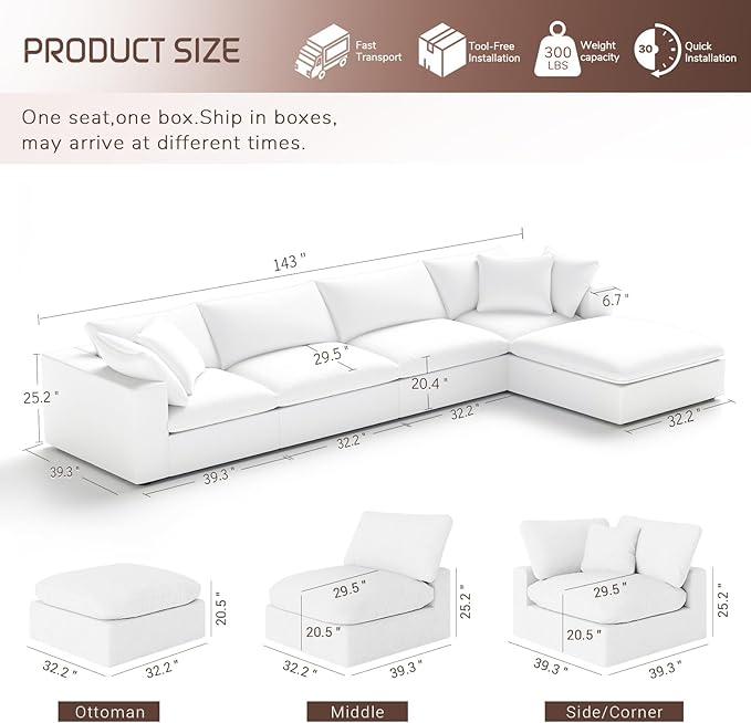 Intuition Decor Cloud Modular Sectional Sofa,143" Down Filled Sofa 4 Seat with Chaise,Minimalist Sofa Cover Washable and Replaceable Couches for Living Room,Sectional Sofa Deep Seat White