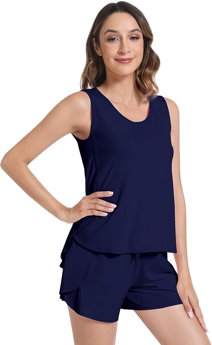 NACHILA Pajamas for Women-Viscose from Bamboo, Ribbed Racerback Tank Top Sexy Split Shorts Pajama Sets Cooling Sleep Cami Pjs