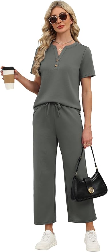 OFEEFAN 2 Piece Sets for Women Spring Fashion Beach Vacation Cruise Outfit Dressy Casual Wide Leg Crop Pants Resort Wear
