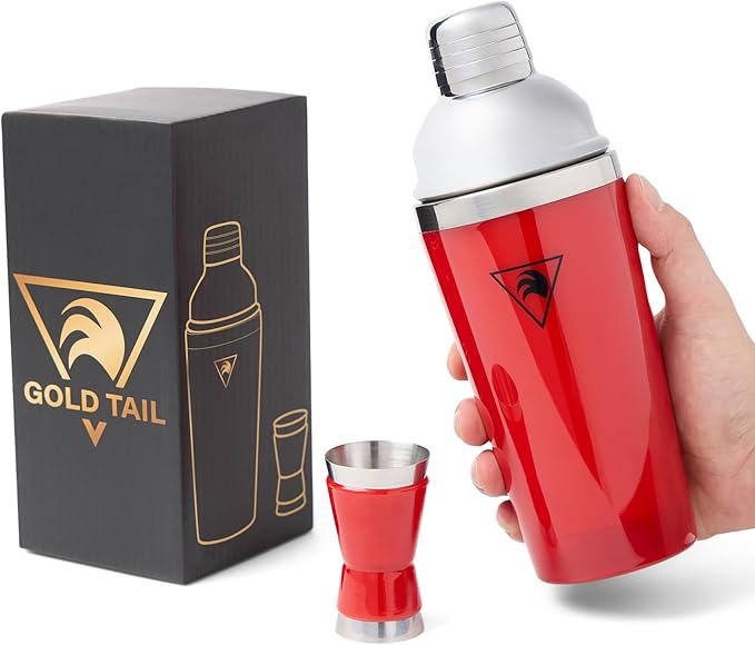 GOLD TAIL Cocktail Shaker Set 17oz – Red Stainless Steel Cobbler Shaker with Jigger, Leak-Proof & Non-Slip Base – Premium ...
