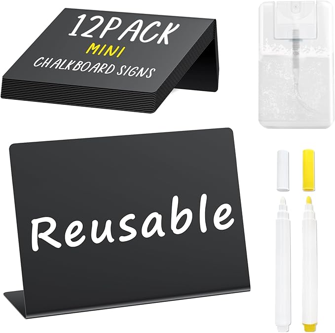 PigPotParty 12 Pcs Food Labels for Party Buffet w/Cleaning Spray, 4"x3" Mini Chalkboard Signs for Food Display, Table Plac...