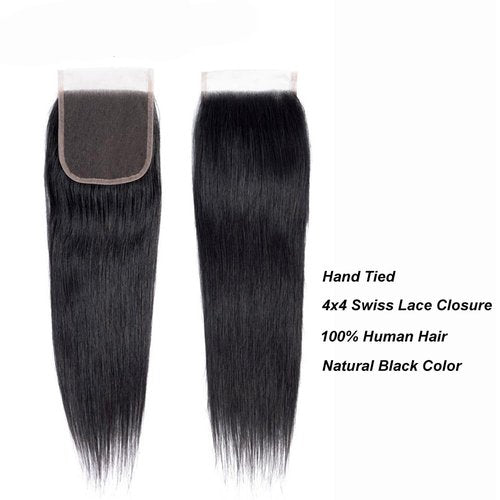 Human Hair 3 Bundles with Closure Straight 100% Unprocessed Virgin Brazilian Hair Bundles with 4x4 Lace Closure Free Part, Double Weft 10A Hair Weave Extensions (16" 16" 16" + 12" Closure)