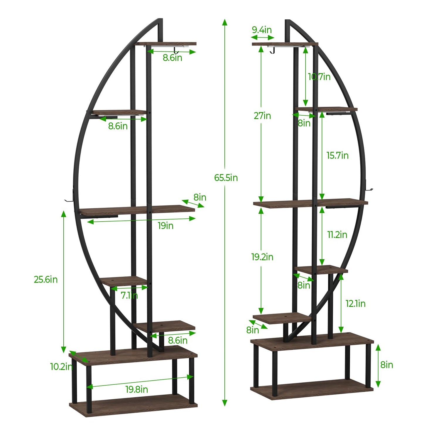 BLAZPATH Plant Stand Shelf Rack Indoor with 6 Built in Grow Light, 7 Tier 65" Tall Pair Large Half Moon Lighted Plant Stand with Hanging Hook, 2 Black Circle Sturdy Tiered Herb Shelving with Lighting
