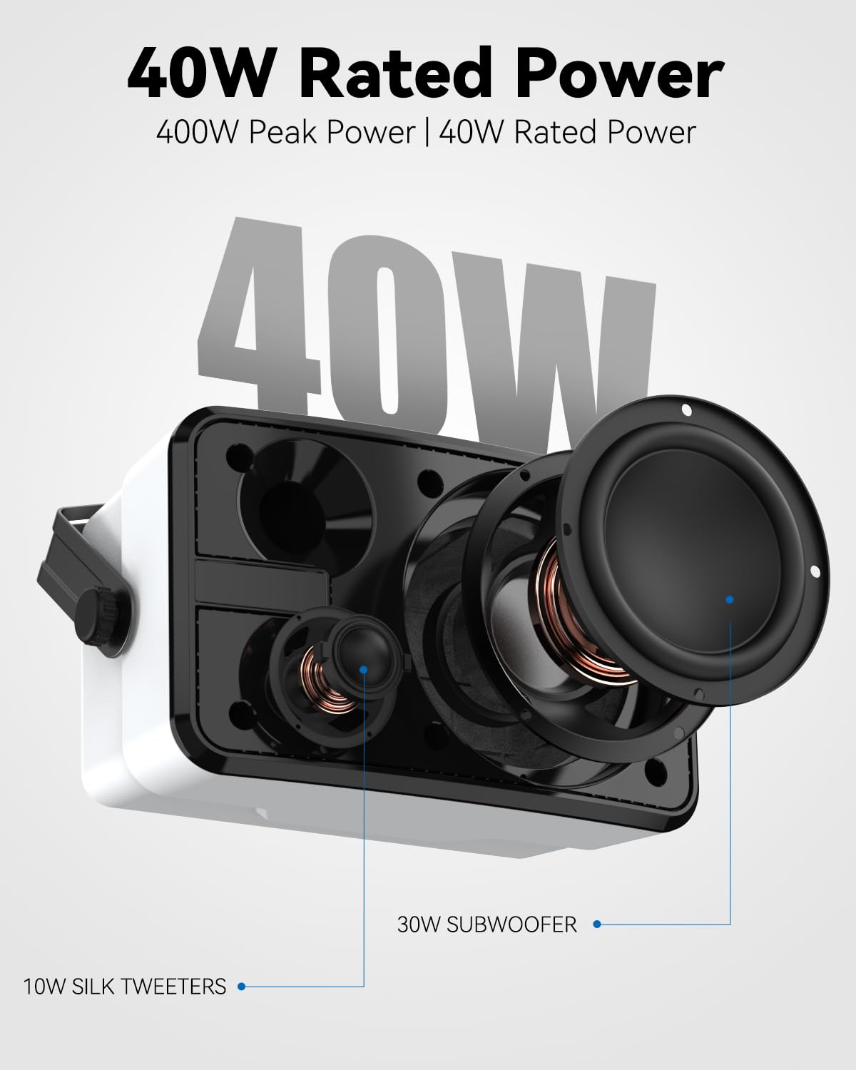 Plyee Audio 400W Outdoor Bluetooth Speakers, Wireless Sync Between Speakers, Powerful Bass, Wall Mount for Patio, Porch, Gazebo, Garage, 2-Pack, White(MZ-621)
