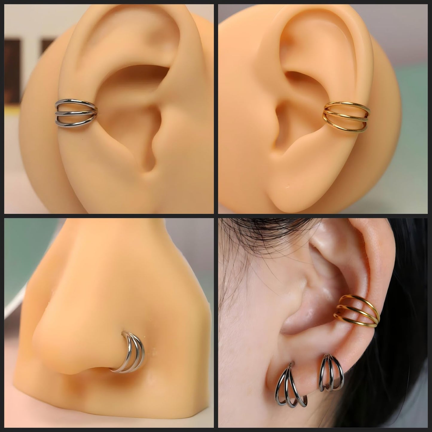 PEAKLINK 18G Triple Open Stacked Cartilage Conch Helix Earring Hoop 316L Surgical Steel Septum Nose Rings 10mm Lobe Earrings Uni