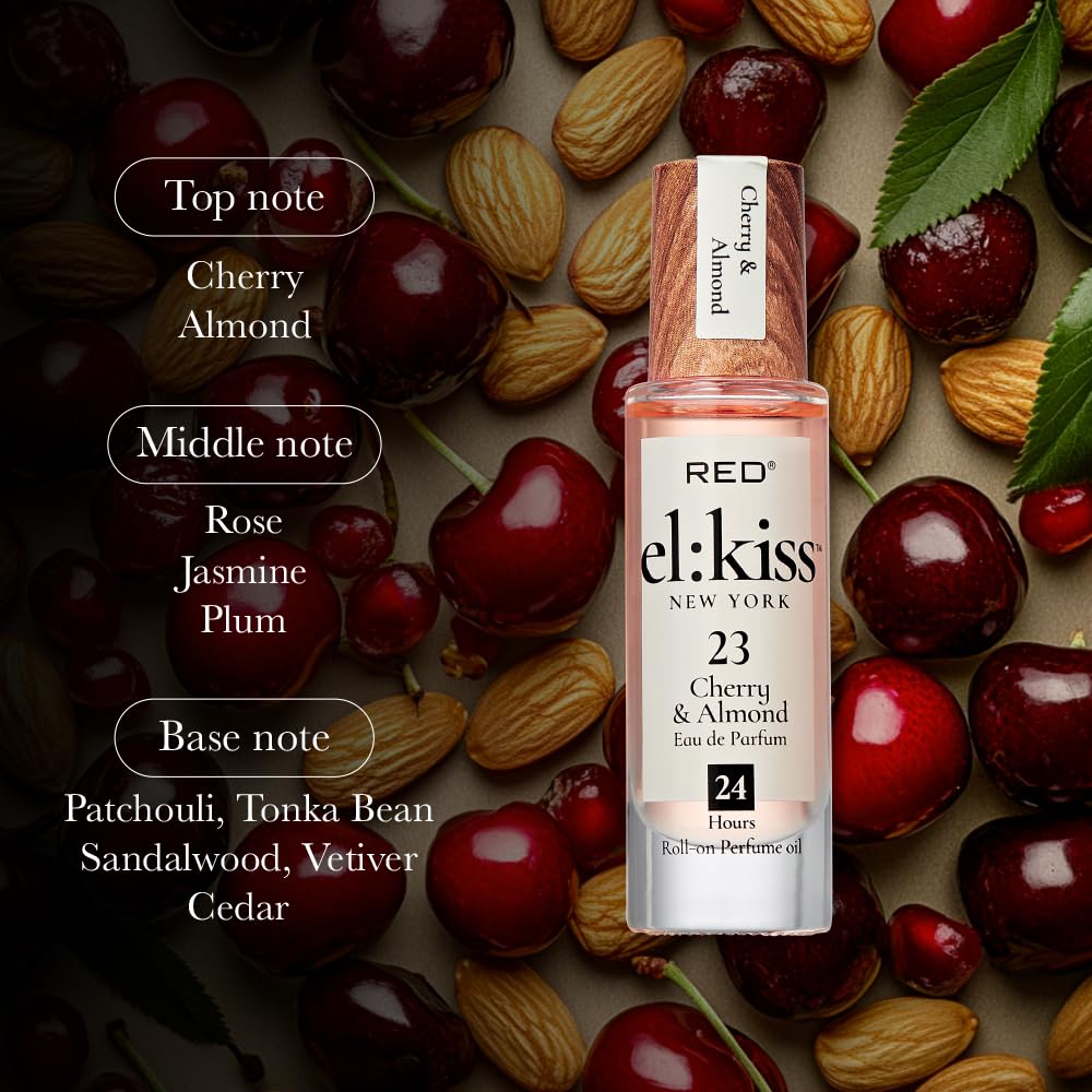 EL:KISS Roll On Perfume, Cherry & Almond Inspired by Tom F Lost Cherry Eau de Parfum 12mL (.40 Fl Oz), Hydrating & Long-Lasting, Alcohol-Free & Mineral Oil-Free, With Jojoba, Argan & Coconut Oil