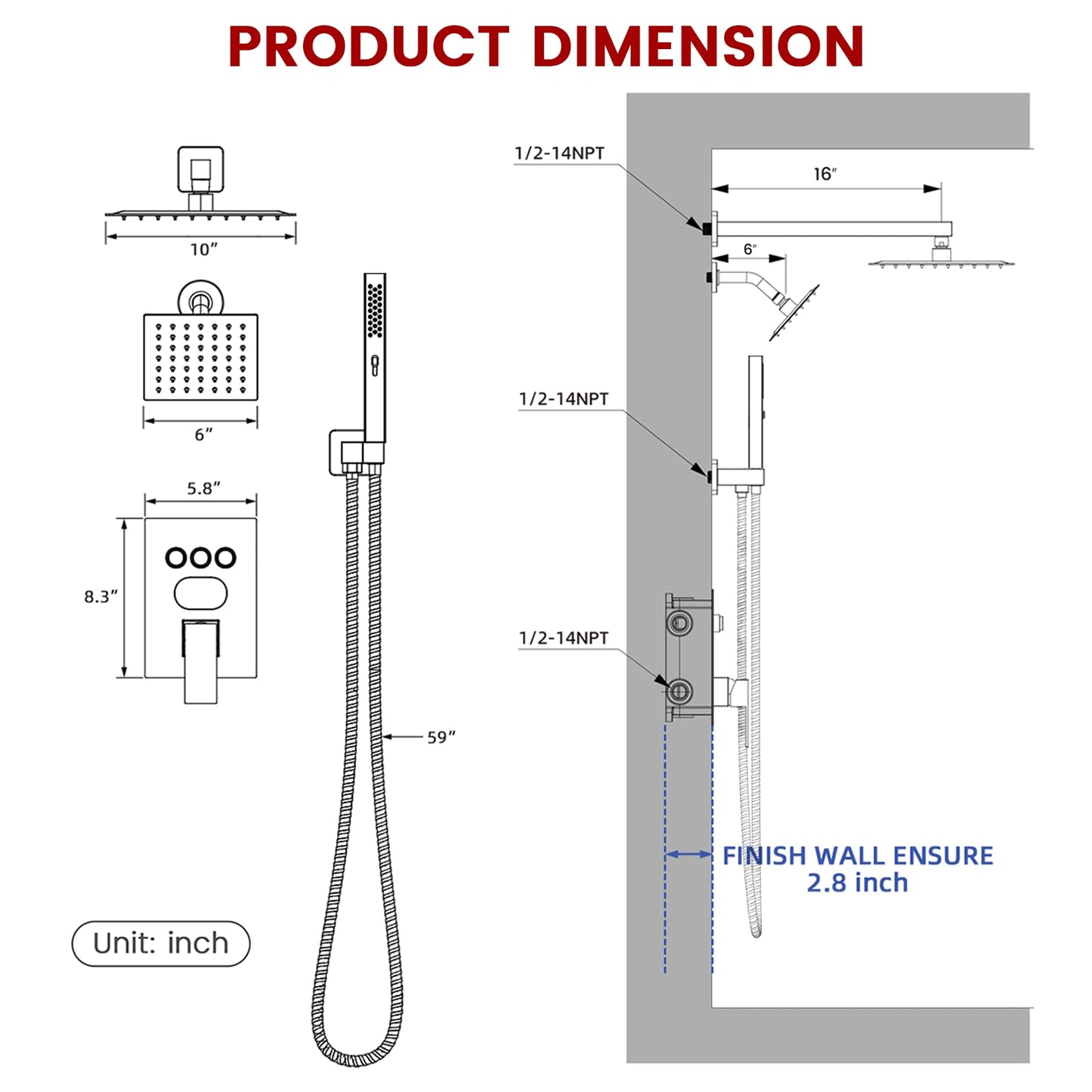 Push Button Diverter Shower Faucet Set Hydro Power Temperature Display, Shower System Wall Mounted 10" & 6" Shower Head with 3-Spary Handheld, Shower Fixtures with Valve and Trim Kit, Brushed Gold