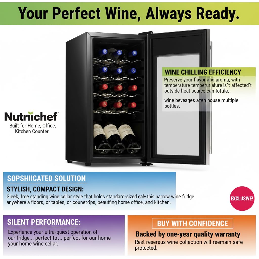 Nutrichef 15 Bottle Wine Fridge Red and White Wine Chiller Adjustable Temp Control 41°F to 64°F Ultra Quiet Operation Mini Wine Cooler Built for Home, Office, Kitchen Counter, 27x13x17 IN