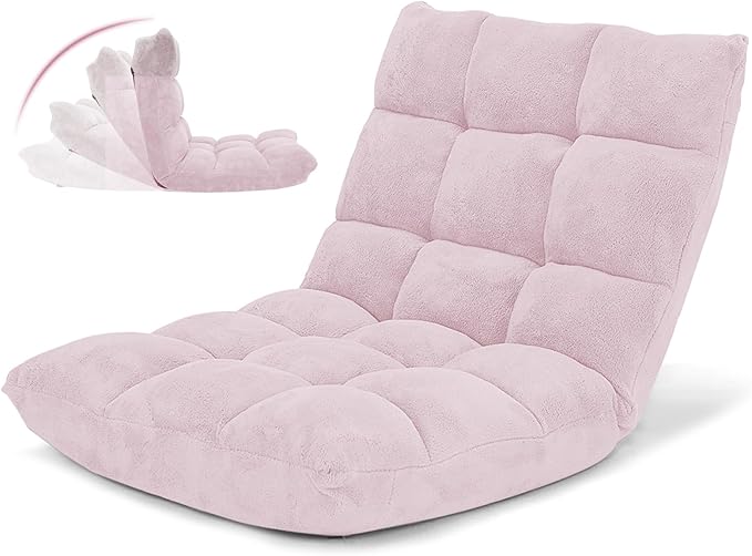 GOFLAME 14-Position Folding Floor Chair, Padded Gaming Lazy Sofa Chair with Adjustable Backrest, Couch Recliner, Sleeper Bed Lounge Chair for Reading, Gaming, Meditating (Light Pink)
