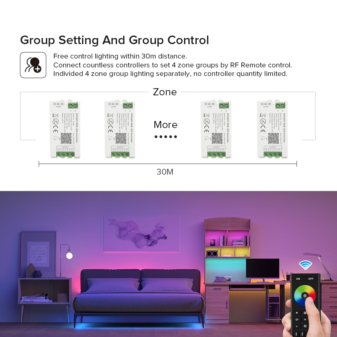BTF-LIGHTING 5050SMD FCOB COB RGBCCT RF 2.4GHz Wireless Remote RC03RFB & C05RF Tuya Controller Kit 4 Zones Group Control PWM RGBWW(+ R G B C W) 6pin LED Strip DC5V DC12V DC24V