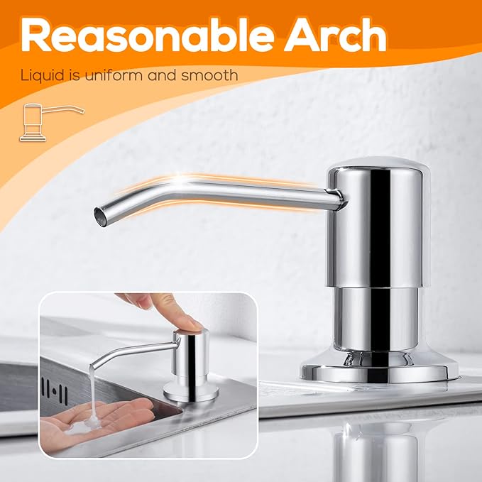 Built in Soap Dispenser for Kitchen Sink Chrome Stainless Steel Pump Head, Counter Soap Dispenser Refill from Top with 17 Ounce PE Bottle