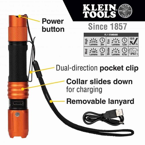 Klein Tools 56412 Rechargeable LED Flashlight with Worklight (500 Lumens) 56411 Rechargeable Pocket Flashlight (275 Lumen)