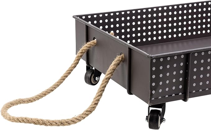 MyGift 26 Inch Industrial Brown Metal Entryway Boot Tray with Wheels and Decorative Rope Handles, Under Bed Storage Shoe Container Cart