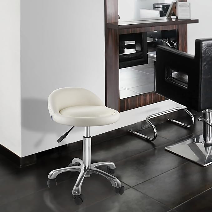 Saloniture Rolling Hydraulic Salon Stool with Low Backrest - Adjustable Swivel Chair for Spa, Shop, Salon, Massage, or Medical Office, Cream