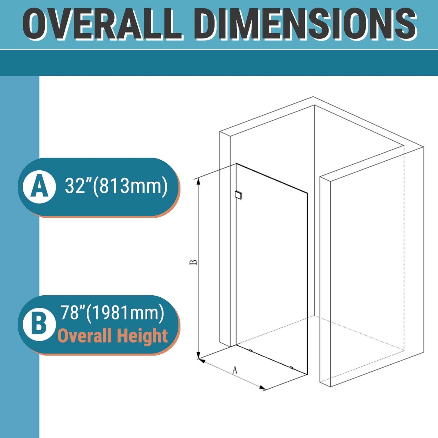 Sunrosa 32"×78" Shower Glass Panel, Fixed Glass Shower Panel with Polished Chrome Hardware, 5/16"(8mm) Thick Tempered Shower Glass, Easy to Clean
