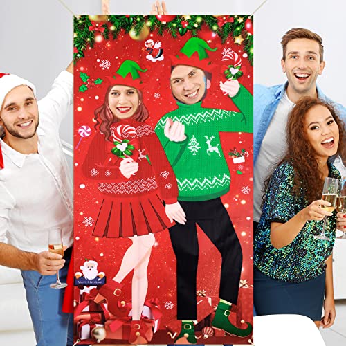 Christmas Photo Door Banner Christmas Ugly Sweater Photo Booth Party Decor Backdrop Props with Rope Ugly Sweater Candy Fun...
