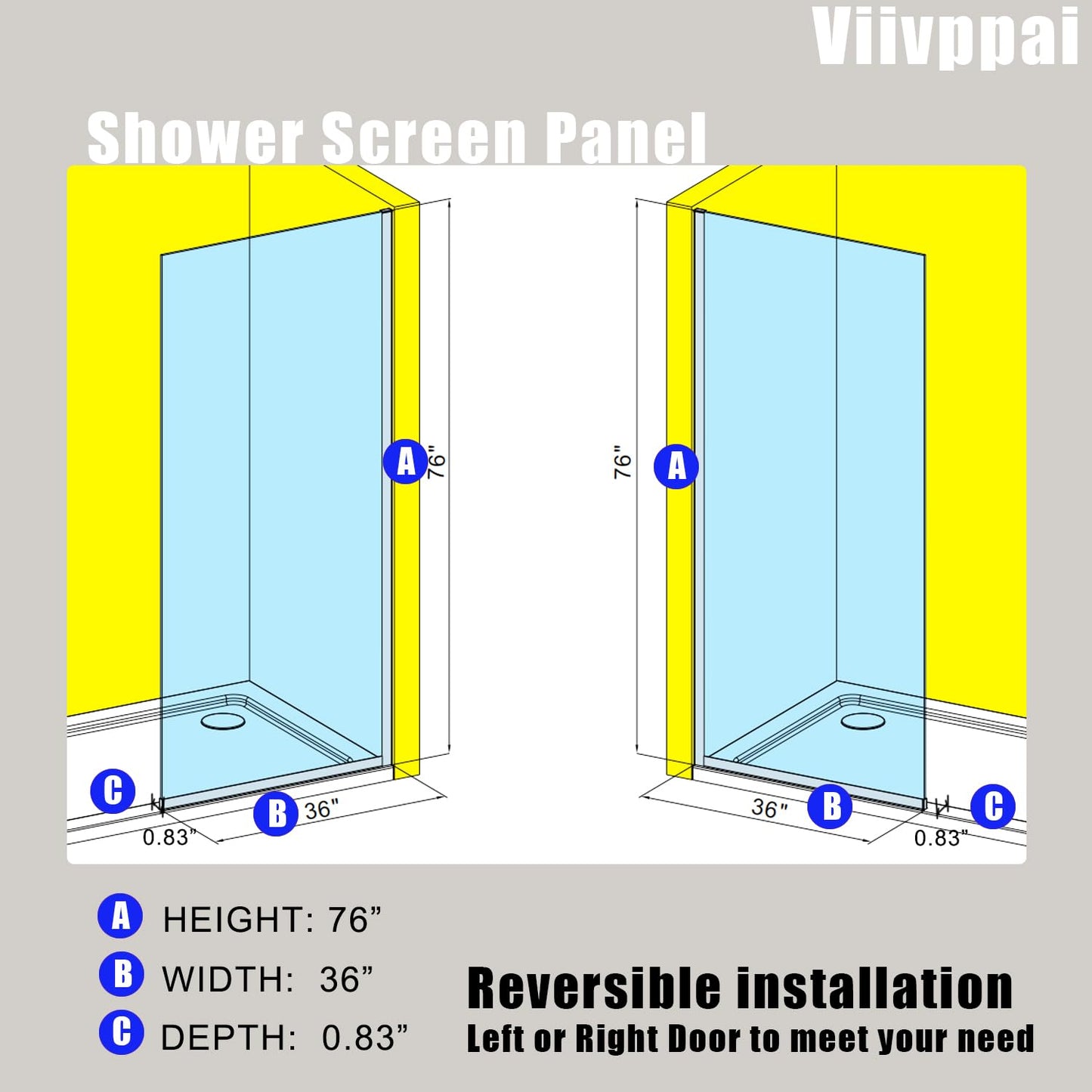 Viivppai Shower Screen 36" x 76" Half Frameless Shower Wall Panel, Tempered Glass 3/8 inch, Easy to clean Coating, Fixed Glass Shower Door with Hardware (Brushed Gold)