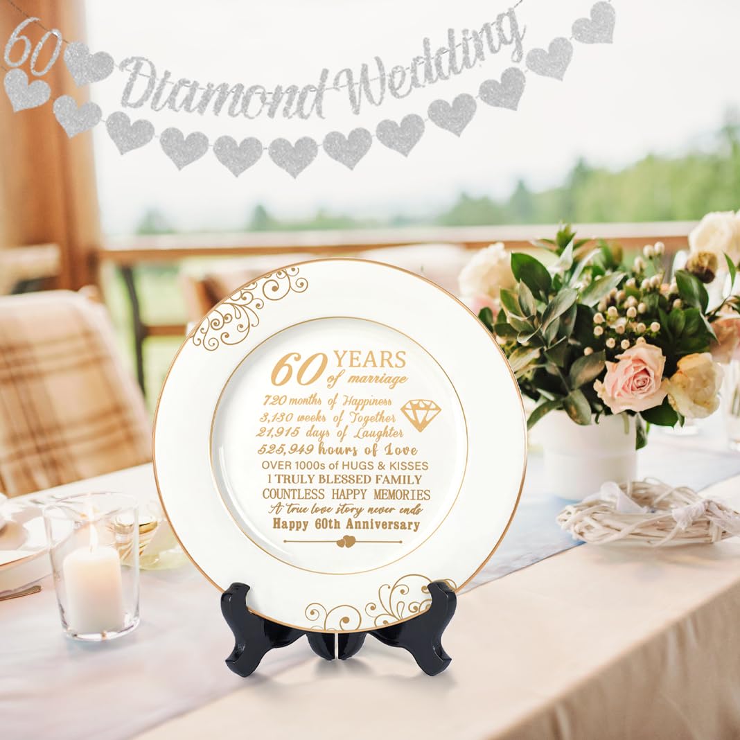 Urllinz 60th Anniversaty Plate with 24k Gold Foil - 60 Year Diamond Anniversary Wedding Gifts for Parents Couple Grandparents, Ceramic 9"