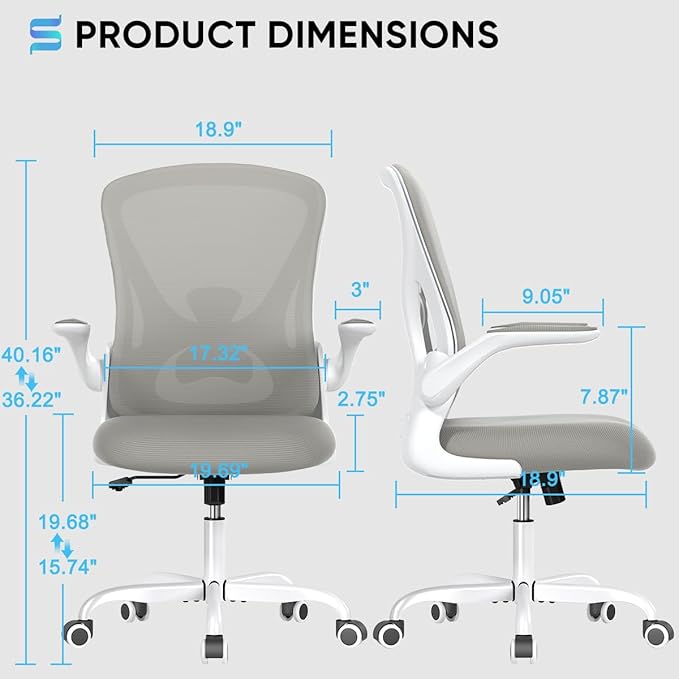 Sytas Ergonomic Desk Chair with Padded Flip up Arms and Supportive Lumbar Support, Breathable Mesh Home Office Chair with Comfortable Cushion for Home or Office(Gray)
