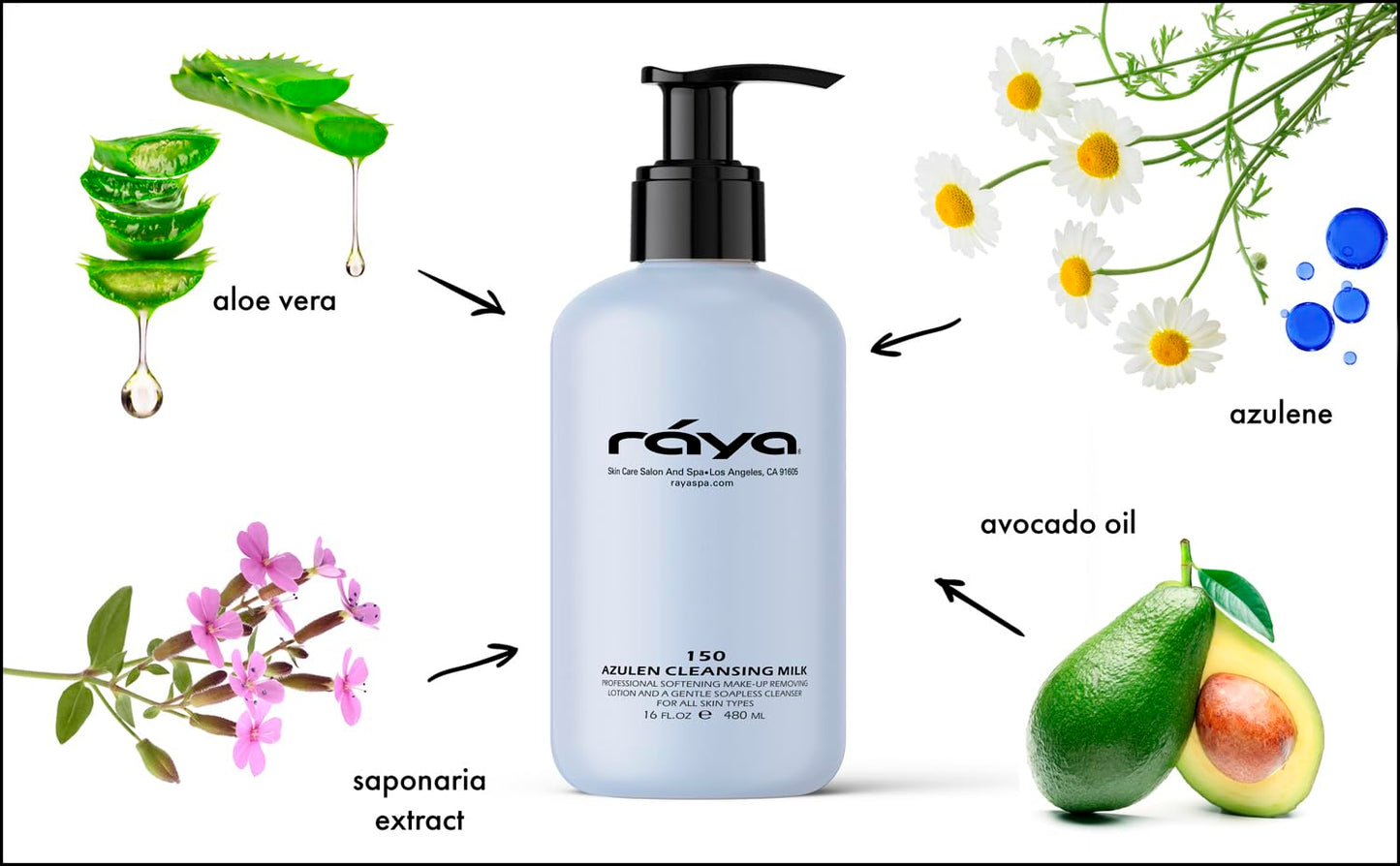 Raya Azulen Facial Cleansing Milk 16 oz (150) | Calming and Refining, Soap-Free Fluid Cleanser and Make-Up Removing Lotion | Mad
