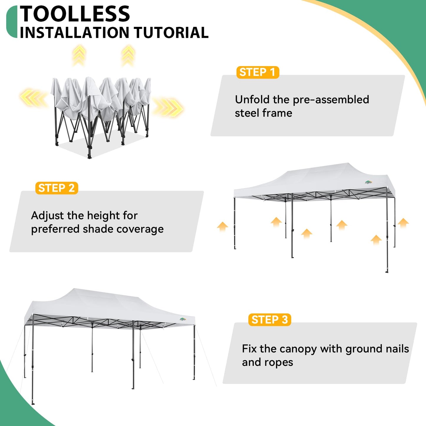 COBIZI 10x20 Pop up Canopy Heavy Duty with 6 Sidewalls, Easy Set-up Commercial Outdoor Party, 100% Waterproof Wedding Canopy Gazebo, 3 Height Adjustable with Wheeled Bag,White