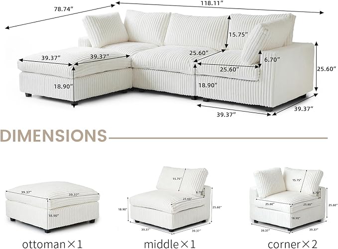 Cloud Couch Modular Sectional Sofa,118" Oversized L Shaped Sofa with Ottoman,Plush 4 Seater Comfy Couch with Chaise Convertible Couches for Living Room,Covers Washable&Replaceable (White)