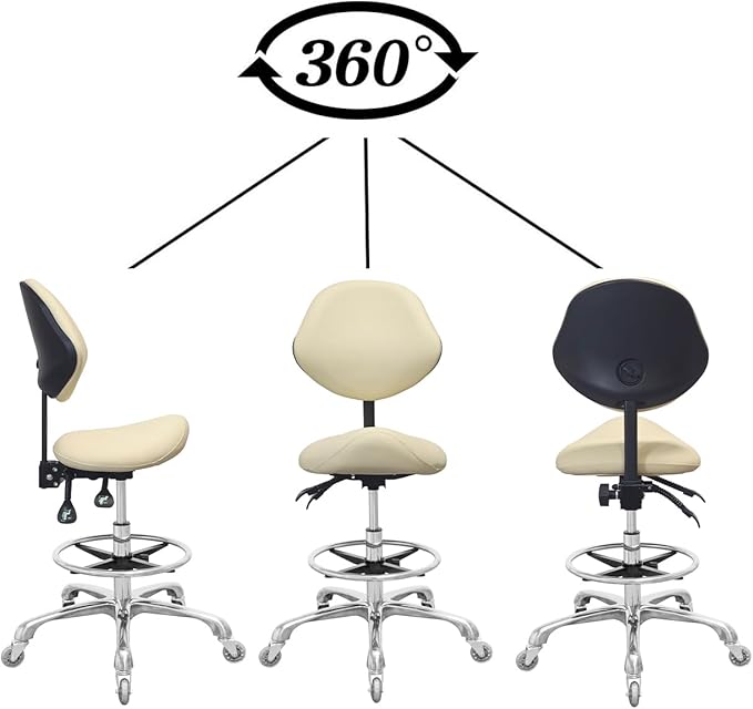 Saddle Stool Chair with Back Support Footrest, Heavy-Duty(350LBS), Hydraulic Rolling Swivel Adjustable Stool Chair for Salon Spa Beauty Massage Dental Clinic Home Office Use(Beige)