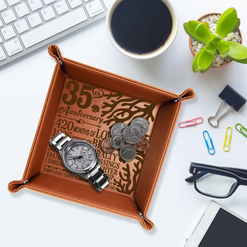KATE POSH 35 Years of Marriage Engraved Leather Catchall Valet Tray, Our 35th Wedding Anniversary, 35 Years as Husband & Wife, Gifts for Her, for Him, for Couples, Coral Anniversary Design (Rawhide)