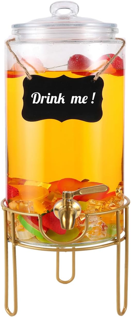 Drink Dispensers for Parties 1 Gallon, Bevarage Dispenser with Stand,Glass Drink Dispenser With Stainless Steel Spigot + M...